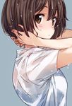  arms_behind_head blue_background blush bob_cut brown_eyes brown_hair hands_in_hair highres imigimuru kono_bijutsubu_niwa_mondai_ga_aru! looking_at_viewer official_art school_swimsuit see-through short_hair simple_background solo swimsuit swimsuit_under_clothes usami_mizuki wet wet_hair 