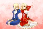  ahoge artoria_pendragon_(all) blonde_hair blue_dress breast_envy breasts contrast dress epaulettes fate/extra fate/stay_night fate_(series) green_eyes kettle21 large_breasts multiple_girls nero_claudius_(fate) nero_claudius_(fate)_(all) red_dress saber small_breasts translation_request 