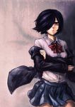  a-er_(akkij0358) black_hair hair_over_one_eye highres kirishima_touka looking_at_viewer red_eyes school_uniform short_hair skirt solo tokyo_ghoul 