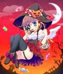  bad_id bad_pixiv_id basket blonde_hair blue_eyes blush candy crescent_moon food garter_straps halloween hat inose_riku lollipop looking_at_viewer moon mouth_hold original panties short_hair solo thighhighs underwear wings witch_hat 