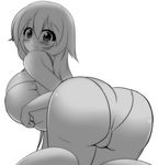  1girl ass blush breasts female from_behind highres huge_breasts kneeling long_hair looking_back monochrome moralgear shiny shiny_skin smile solo 