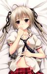  ahoge blonde_hair blush brown_eyes collarbone hair_ribbon hand_on_own_stomach hand_to_own_mouth kasugano_sora long_hair lying on_back partially_undressed ribbon solo twintails upper_body xiaoyin_li yosuga_no_sora 