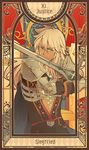  armor bad_id bad_pixiv_id balmung_(fate/apocrypha) cape dark_skin dark_skinned_male fate/apocrypha fate_(series) green_eyes heru_(goldprin) long_hair male_focus siegfried_(fate) solo sword tarot weapon white_hair 