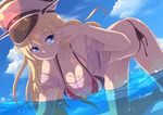  bikini bismarck_(kantai_collection) blonde_hair blue_eyes blue_sky breasts bubble cloud day dripping dutch_angle hand_in_hair hanging_breasts hat highres kantai_collection kneeling large_breasts light_smile long_hair looking_at_viewer moonhackle partially_submerged see-through sky solo string_bikini swimsuit uniform water water_drop wet wet_clothes 