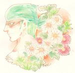  1boy bandanna earrings flower green_hair jewelry kamnochiku one_piece profile roronoa_zoro solo watercolor watercolor_(medium) 