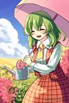  ascot bad_id bad_pixiv_id checkered checkered_skirt checkered_vest douji field flower flower_field green_hair kazami_yuuka parasol skirt smile solo touhou umbrella vest water_drop watering_can 