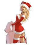  ;) breasts christmas commentary_request detached_sleeves dress fur_trim hat large_breasts long_hair md5_mismatch natsu_(soulcalibur) one_eye_closed red_dress red_legwear ribbon sack santa_costume santa_hat single_thighhigh smile solo soulcalibur soulcalibur_v strapless strapless_dress strapless_santa_dress take_no_ko_(dodon) thigh_ribbon thighhighs 