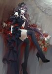  black_sclera blood bzerox dress flower glasses high_heels highres kamishiro_rize solo spider_lily thighhighs tokyo_ghoul 