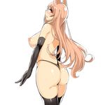  animal_ears ass black_legwear black_panties blush breasts cowboy_shot elbow_gloves gloves large_breasts long_hair looking_at_viewer looking_back nipples open_mouth original panties pink_hair profile q_(a72pgc) red_eyes simple_background skindentation solo thighhighs thong topless underwear white_background 