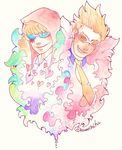  blonde_hair brother brothers corazon donquixote_doflamingo donquixote_pirates donquixote_rocinante feathers hat heart kamnochiku male male_focus multiple_boys one_piece shueisha siblings smile sunglasses 