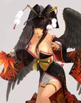  bangs bird_wings black_hair black_wings blunt_bangs breasts cleavage dead_or_alive dead_or_alive_5 detached_sleeves fan feathered_wings floral_print hair_ornament hair_stick hair_tubes hat hauchiwa holding japanese_clothes large_breasts lips long_hair long_sleeves nyotengu overskirt pink_eyes pom_pom_(clothes) silver_background simple_background solo take_no_ko_(dodon) tokin_hat wings 