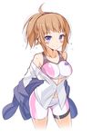  bike_shorts blue_eyes breasts brown_hair downscaled gundam gundam_build_fighters gundam_build_fighters_try highres hoshino_fumina jacket large_breasts looking_at_viewer md5_mismatch midriff navel oota_yuuichi open_clothes open_shirt ponytail resized scrunchie shirt short_hair smile solo sports_bra sweat sweatdrop 