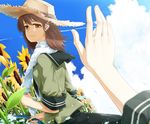  blue_sky brown_eyes brown_hair day flower hat hose kantai_collection kitakami_(kantai_collection) long_hair looking_at_viewer multiple_girls ooi_(kantai_collection) out_of_frame outstretched_hand sailor_collar sakuraba_yuuki skirt sky smile straw_hat summer sunflower towel towel_around_neck 