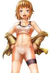  absurdres bike_shorts blue_eyes blush breasts brown_hair gundam gundam_build_fighters gundam_build_fighters_try hands_on_hips highres hoshino_fumina jacket large_breasts looking_at_viewer midriff navel open_clothes open_jacket open_mouth pink_x ponytail short_hair smile solo sports_bra 