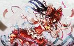  armpits blue_fire bow brown_hair detached_sleeves dress fire hair_bow hair_tubes hakurei_reimu highres kiyomasa_ren long_sleeves necktie red_dress sarashi scroll solo spell_card torii touhou wide_sleeves yellow_eyes 