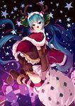  animal_costume antlers aqua_hair bell boots cape christmas detached_sleeves green_eyes hair_bell hair_ornament hatsune_miku kneeling long_hair night red_nose reindeer_antlers reindeer_costume sack shuzi solo star striped striped_legwear thighhighs twintails very_long_hair vocaloid 