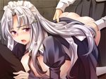  1girl all_fours blush breasts clothed_sex daten_no_kioku_~gou~ doggystyle game_cg garter_straps highres huge_breasts long_hair looking_back maid maid_headdress open_clothes open_mouth pink_eyes sex silver_hair tears vaginal yuuki_homura 