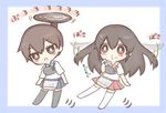  akagi_(kantai_collection) brown_eyes brown_hair chewing chibi commentary eating expressive_hair flying food food_on_face jako_(jakoo21) japanese_clothes kaga_(kantai_collection) kantai_collection long_hair multiple_girls muneate onigiri open_mouth pleated_skirt rice rice_on_face short_hair side_ponytail skirt thighhighs translated 