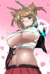  breasts brown_hair cosplay glasses green_eyes groin heart heart_background highres kantai_collection large_breasts looking_at_viewer musashi_(kantai_collection) musashi_(kantai_collection)_(cosplay) mutsu_(kantai_collection) one_eye_closed pointy_hair short_hair solo torii5011 twintails underboob 