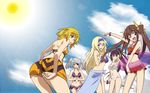 ;d ass bare_back bent_over bikini blonde_hair blue_eyes blue_sky blush brown_eyes brown_hair cecilia_alcott charlotte_dunois cloud day eyepatch fang highres huang_lingyin infinite_stratos laura_bodewig looking_at_viewer multiple_girls one_eye_closed open_mouth outdoors outstretched_arms ponytail purple_hair shinonono_houki short_hair silver_hair sky smile standing sun sunlight swimsuit tooth 