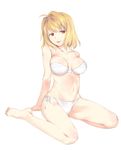  :p absurdres ahoge arcueid_brunestud barefoot blonde_hair bra breasts full_body highres large_breasts naughty_face navel panties red_eyes short_hair side-tie_panties simple_background sitting solo tongue tongue_out tsukihime underwear underwear_only veaml wariza white_background 
