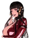  bangs black_hair blunt_bangs breast_hold breasts cleavage dead_or_alive dead_or_alive_5 eyeshadow hair_ornament hime_cut large_breasts licking_lips lips long_hair makeup mole mole_under_mouth naughty_face no_bra nyotengu solo take_no_ko_(dodon) tongue tongue_out 
