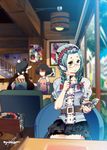  bad_id bad_pixiv_id baseball_cap belt black_hair blouse blue_hair blurry book bow braid brown_hair chair coffee_mug cup depth_of_field earrings eyeshadow faceless faceless_female frills hair_bow hairband hat hoozuki_no_reitetsu horns indoors jewelry lolita_hairband long_hair makeup mug multiple_girls okou_(hoozuki_no_reitetsu) open_book pleated_skirt pointy_ears pov_across_table puffy_short_sleeves puffy_sleeves reading restaurant short_hair short_sleeves signature sitting skirt solo_focus stairs steam table twin_braids window yadokugaeru yellow_eyes 