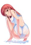  adjusting_clothes adjusting_swimsuit ass back_cutout bare_legs barefoot blush breasts competition_swimsuit covered_nipples from_behind highres impossible_clothes impossible_swimsuit long_hair looking_at_viewer medium_breasts nipples one-piece_swimsuit original red_hair see-through solo squatting swimsuit takuya_kame wet white_background white_swimsuit yellow_eyes 