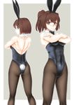  animal_ears ass back-to-back bow bowtie brown_eyes brown_hair bunny_ears bunny_tail bunnysuit crossed_arms detached_collar ekibyou hyuuga_(kantai_collection) ise_(kantai_collection) kantai_collection long_hair multiple_girls pantyhose ponytail short_hair tail 
