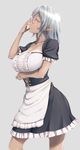  apron blush breasts cleavage dark_skin glasses highres huge_breasts irudana looking_at_viewer original pointy_ears red_eyes short_hair short_sleeves silver_hair simple_background smile solo waist_apron 