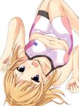  bare_shoulders bike_shorts blue_eyes breasts brown_hair collarbone gundam gundam_build_fighters gundam_build_fighters_try hoshino_fumina lying medium_breasts navel on_back open_mouth ponytail rikudou_inuhiko solo sports_bra thigh_gap upside-down white_background 