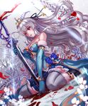  bad_id bad_pixiv_id bare_shoulders blood blood_stain bow breasts chain cleavage cross crown dress dutch_angle elbow_gloves gloves hair_ribbon large_breasts long_hair miazi original petals red_eyes ribbon shingoku_no_valhalla_gate silver_hair sword thighhighs weapon wrist_cuffs 