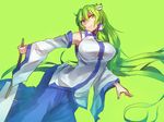  breasts detached_sleeves frog_hair_ornament gohei green_background green_eyes green_hair hair_ornament highres kochiya_sanae large_breasts long_hair long_sleeves looking_at_viewer melon22 shirt skirt skirt_set smirk solo touhou very_long_hair wide_sleeves 