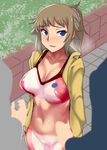  bike_shorts blue_eyes bodypaint breasts breath brown_hair exhibitionism gundam gundam_build_fighters gundam_build_fighters_try highres hoshino_fumina inverted_nipples jacket large_breasts looking_at_viewer meicha naked_paint naked_shirt navel nipples open_clothes open_mouth open_shirt painted_clothes ponytail pubic_hair shirt smile sports_bra sweat 