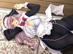  1girl arms_up blush bra braid breasts brown_hair carpet cleavage daten_no_kioku_~gou~ game_cg green_eyes highres huge_breasts legs long_hair looking_at_viewer lying maid open_clothes open_mouth solo thighs underwear wooden_floor yuuki_homura 
