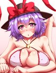  bikini blush bow breast_squeeze breasts cleavage collarbone commentary_request covered_navel frilled_bikini frills gradient gradient_background hat hat_bow highres large_breasts legs_up lying multicolored_hair nagae_iku on_stomach open_mouth pink_bikini purple_hair red_eyes solo swimsuit touhou zan_(harukahime) 