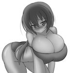  1girl blush breasts cleavage embarrassed female full-face_blush highres huge_breasts leaning_forward long_hair monochrome moralgear solo thighs 