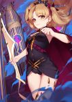  1girl blonde_hair breasts cage cape crown earrings ereshkigal_(fate/grand_order) fate/grand_order fate_(series) hair_ribbon highres holding holding_weapon jewelry langya_beike light_smile long_hair looking_at_viewer ribbon smile solo thighhighs two_side_up weapon yellow_eyes 