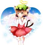  angel_wings animal_ears brown_eyes brown_hair cat_ears cat_tail chen halo hat heart heart_tail multiple_tails nekomata solo tail takamoto_akisa thighhighs touhou two_tails white_legwear wings 