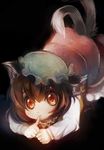  animal_ears black_background brown_eyes brown_hair cat_ears cat_tail chen finger_to_mouth hat lying multiple_tails nekomata on_stomach solo tail takamoto_akisa touhou two_tails 