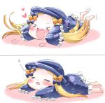  &gt;_&lt; 1girl :d abigail_williams_(fate/grand_order) afterimage bangs barefoot black_bow black_dress black_hat blonde_hair blush bow chibi commentary_request dress eyes_closed facing_viewer fate/grand_order fate_(series) forehead hair_bow hat heart legs_up long_hair long_sleeves lying on_stomach open_mouth orange_bow parted_bangs polka_dot polka_dot_bow sleeping sleeves_past_fingers sleeves_past_wrists smile soles square_mouth tenmai_miwa v-shaped_eyebrows very_long_hair xd zzz 