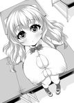  1girl :o areolae blush breasts bursting_breasts cleavage desk erect_nipples female from_above huge_breasts katakuriko long_hair looking_at_viewer looking_up monochrome nipples puffy_nipples ribbon see-through shoes sitting skindentation solo straining_buttons uwabaki 