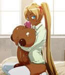  1girl autofellatio autopaizuri blonde_hair blue_eyes breasts fellatio futanari inverted_nipples lactation large_breasts long_hair masturbation oral penis precum recolor usatarou very_long_hair 