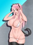  alternate_headwear animal_ears axent_wear bikini black_legwear blush breasts burakku-ra cat_ear_headphones cat_ears cat_tail cleavage fake_animal_ears headphones highres large_breasts long_hair looking_at_viewer navel nitroplus pink_eyes pink_hair skindentation smile solo super_sonico swimsuit tail thighhighs 