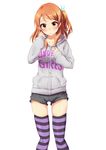  blush brown_eyes brown_hair chigusa clothes_writing colored_stripes hood hood_down hoodie houjou_karen idolmaster idolmaster_cinderella_girls long_hair long_sleeves looking_at_viewer open_mouth short_shorts shorts side_ponytail simple_background solo standing striped striped_legwear thighhighs white_background zipper 