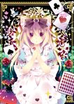  animal_ears bow brown_eyes card cat_ears flower hair_bow hair_ribbon hands_together light_brown_hair long_hair looking_at_viewer millcutto original playing_card ribbon rose 