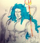  1boy blue_hair fishman_island fukaboshi long_hair merman monster_boy one_piece polearm prince ryu-911 sketch spot_color trident 