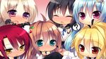  6+girls amagi_karin black_hair blonde_hair blue_eyes blue_hair brown_eyes bulge chibi game_cg julia_lin_road luce_yami_asutarite luluna magical_marriage_lunatics!! mitsu_no_tama_yori_hime multiple_girls purple_eyes red_eyes red_hair school_uniform shirahase_yuuna yamakaze_ran 