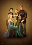  3girls absurdres agdar_(frozen) anna_(frozen) blonde_hair blue_eyes blush braid brown_eyes brown_hair cape closed_eyes dress elsa_(frozen) epaulettes family father_and_daughter freckles frozen_(disney) hair_over_shoulder highres idunn_(frozen) long_hair medal miacat mother_and_daughter multiple_girls see-through short_hair siblings side_slit sideburns single_braid sisters smile strapless strapless_dress tiara time_paradox twin_braids 