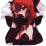  cigarette dark_minerva_(p&amp;d) elbow_gloves feathered_wings gloves head_wings highres minerva_(p&amp;d) pikomarie puzzle_&amp;_dragons red_eyes red_hair simple_background smoking solo white_background wings 